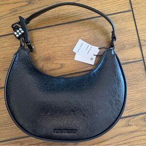 Steve Madden Black Crescent Shoulder Bag with Pearl Stud Accent